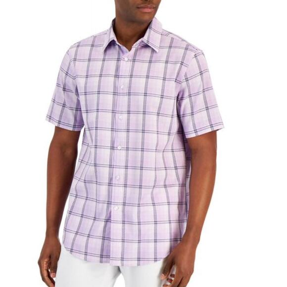 Club Room Men's Giza Plaid Poplin Short Sleeve Dress Shirt Lilac Purple Small - Picture 1 of 6
